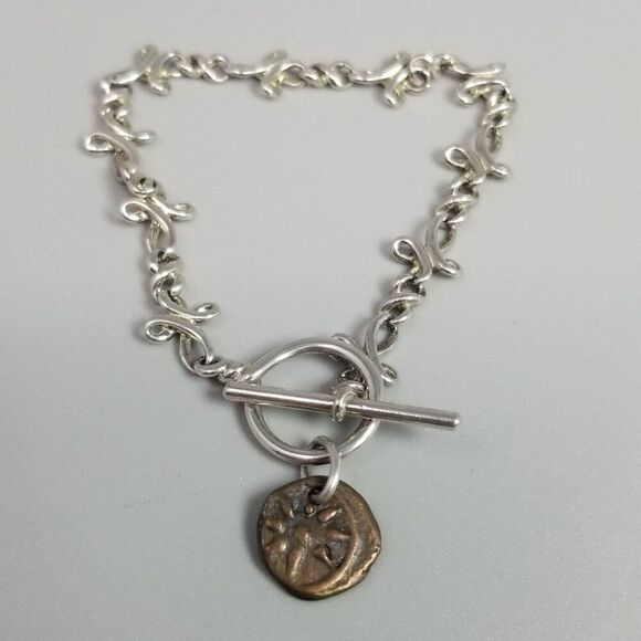 Vintage The Gift Premier Designs Silver Tone Copper Coin Accent Toggle Bracelet - Picture 6 of 7